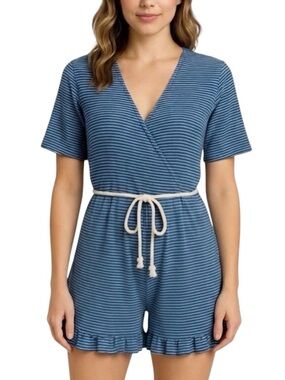 Knot Sister Blue Striped Ruffle Hem Romper